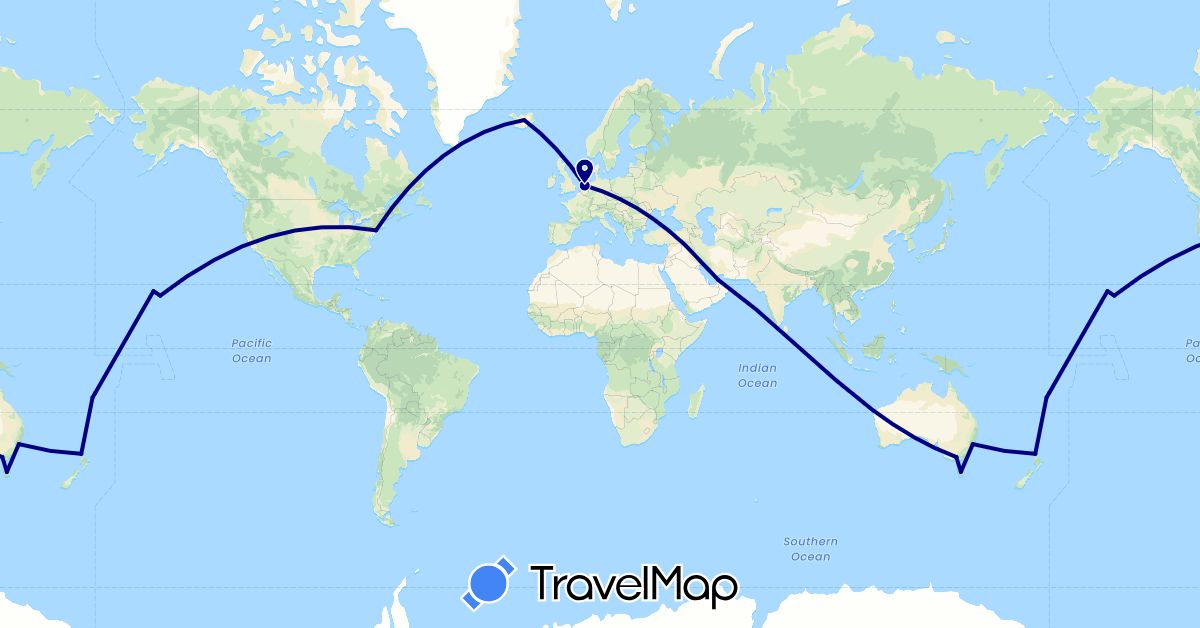 TravelMap itinerary: driving in United Arab Emirates, Australia, Fiji, Iceland, Netherlands, New Zealand, United States (Asia, Europe, North America, Oceania)